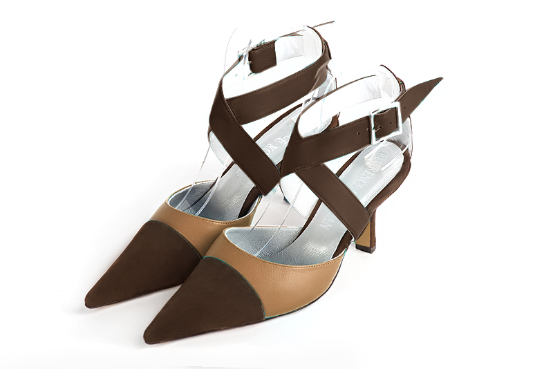 Dark brown and camel beige women's open back shoes, with crossed straps. Pointed toe. High spool heels. Front view - Florence KOOIJMAN
